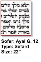 Sofer: Ayal G. 12 Type: Sefard Size: 22”