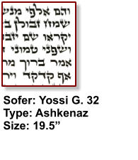 Sofer: Yossi G. 32 Type: Ashkenaz Size: 19.5”