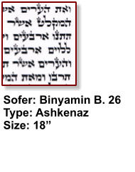 Sofer: Binyamin B. 26 Type: Ashkenaz Size: 18”