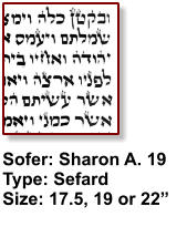 Sofer: Sharon A. 19 Type: Sefard Size: 17.5, 19 or 22”