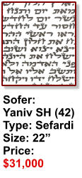 Sofer:  Yaniv SH (42) Type: Sefardi Size: 22” Price: $31,000