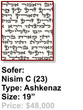 Sofer:  Nisim C (23) Type: Ashkenaz Size: 19” Price: $48,000